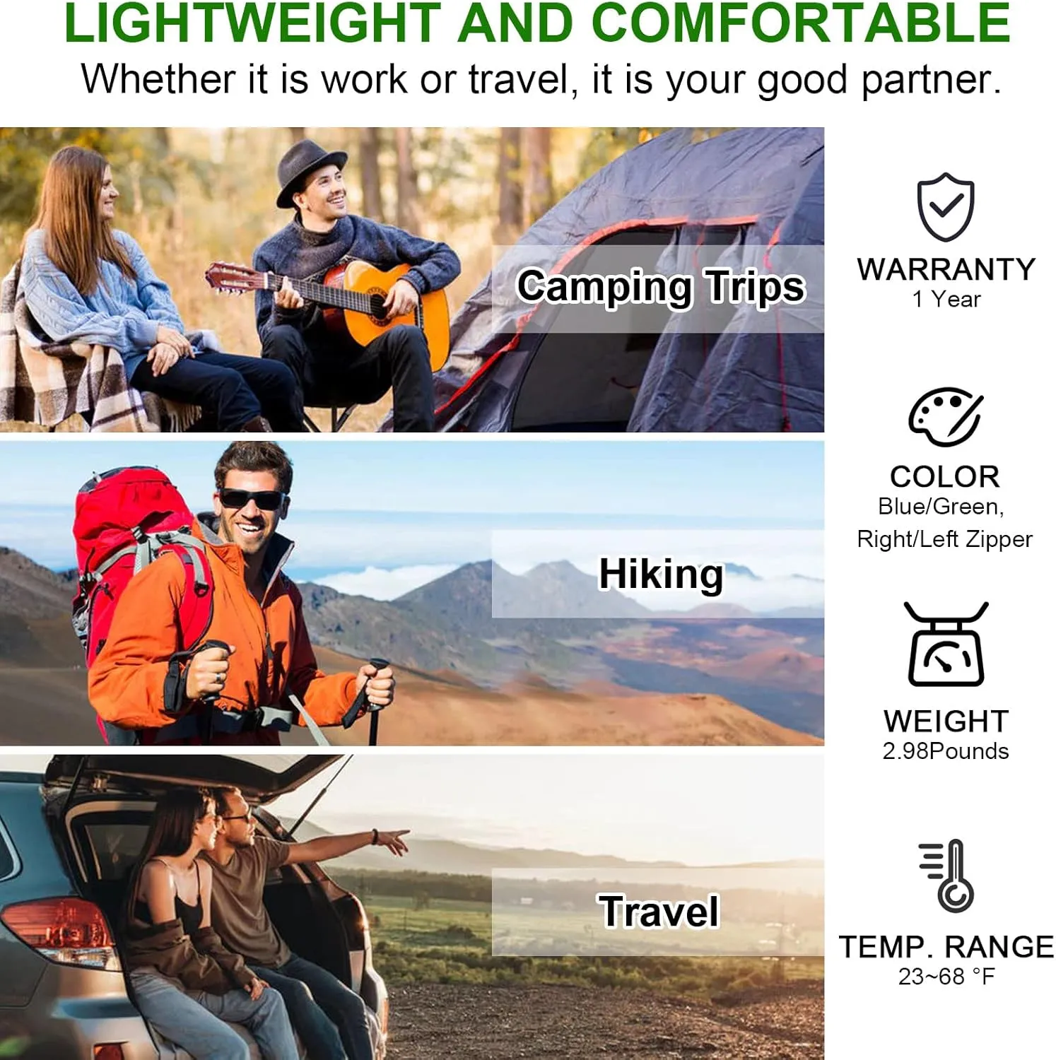 0 Degree Wearable Sleeping Bag for Adults Compact Lightweight Cold Weather Mummy Sleeping Bags for 2-3 Season Camping Backpacking, Fits 5°F ~ 50°F, 4.3lbs More Warmer
