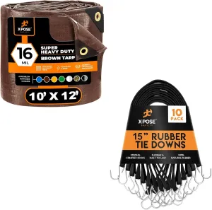 10' x 12' Heavy Duty Brown Poly Tarp with 10-Pack 15" (23” Max Stretch) Bungee Cords – Waterproof, UV Resistant, Rip Proof, Reinforced Edges, Grommets, and Durable Tie Down Straps – by Xpose Safety