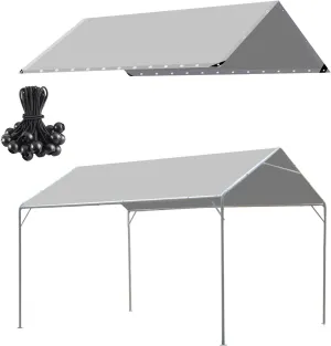 10 x 20 Ft Heavy Duty Carport Replacement Canopy Cover Waterproof & UV Protected Garage Top Tent Shelter Tarp Cover with 44 Ball Bungees Cords, Only Top Cover, Grey