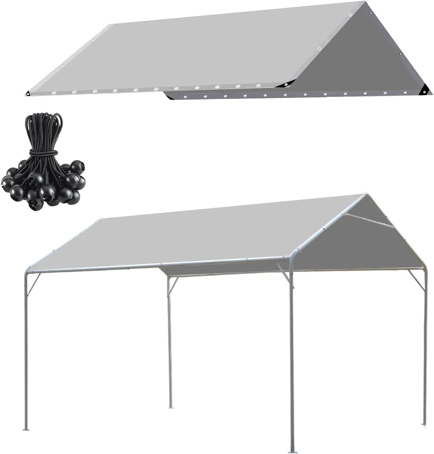 10 x 20 Ft Heavy Duty Carport Replacement Canopy Cover Waterproof & UV Protected Garage Top Tent Shelter Tarp Cover with 44 Ball Bungees Cords, Only Top Cover, Grey