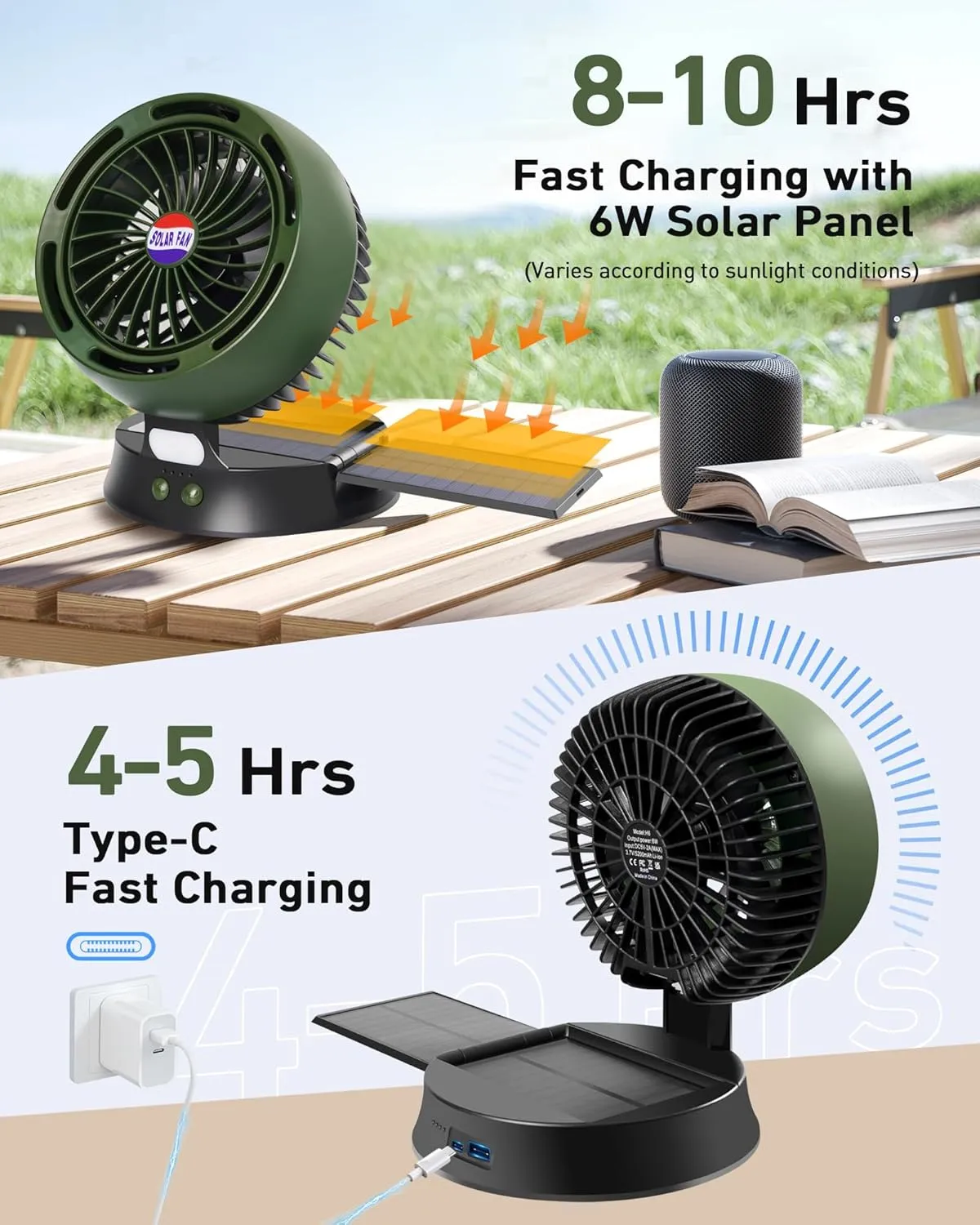 10400mAh Solar Camping Fan with LED Lantern, Rechargeable Portable Fan with 5W Solar Panel, Battery Operated Personal Fan for Outside Picnic, Fishing, Outdoor Tent Fan for Camping Essentials