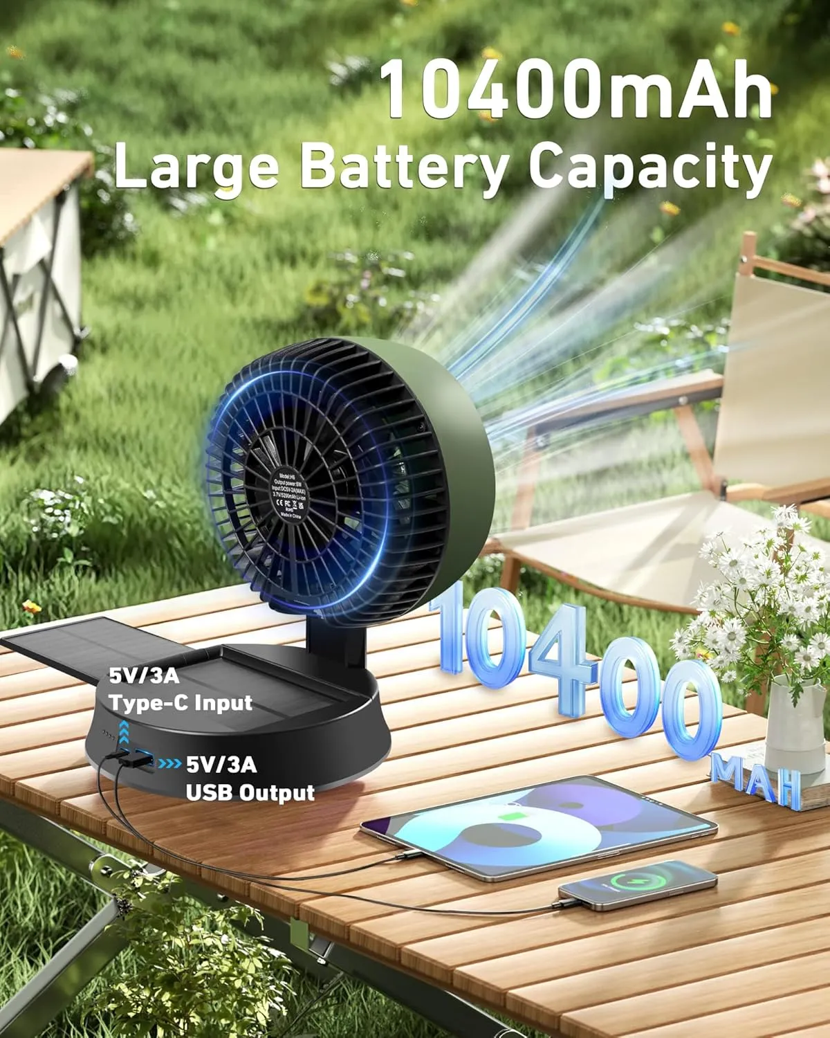 10400mAh Solar Camping Fan with LED Lantern, Rechargeable Portable Fan with 5W Solar Panel, Battery Operated Personal Fan for Outside Picnic, Fishing, Outdoor Tent Fan for Camping Essentials