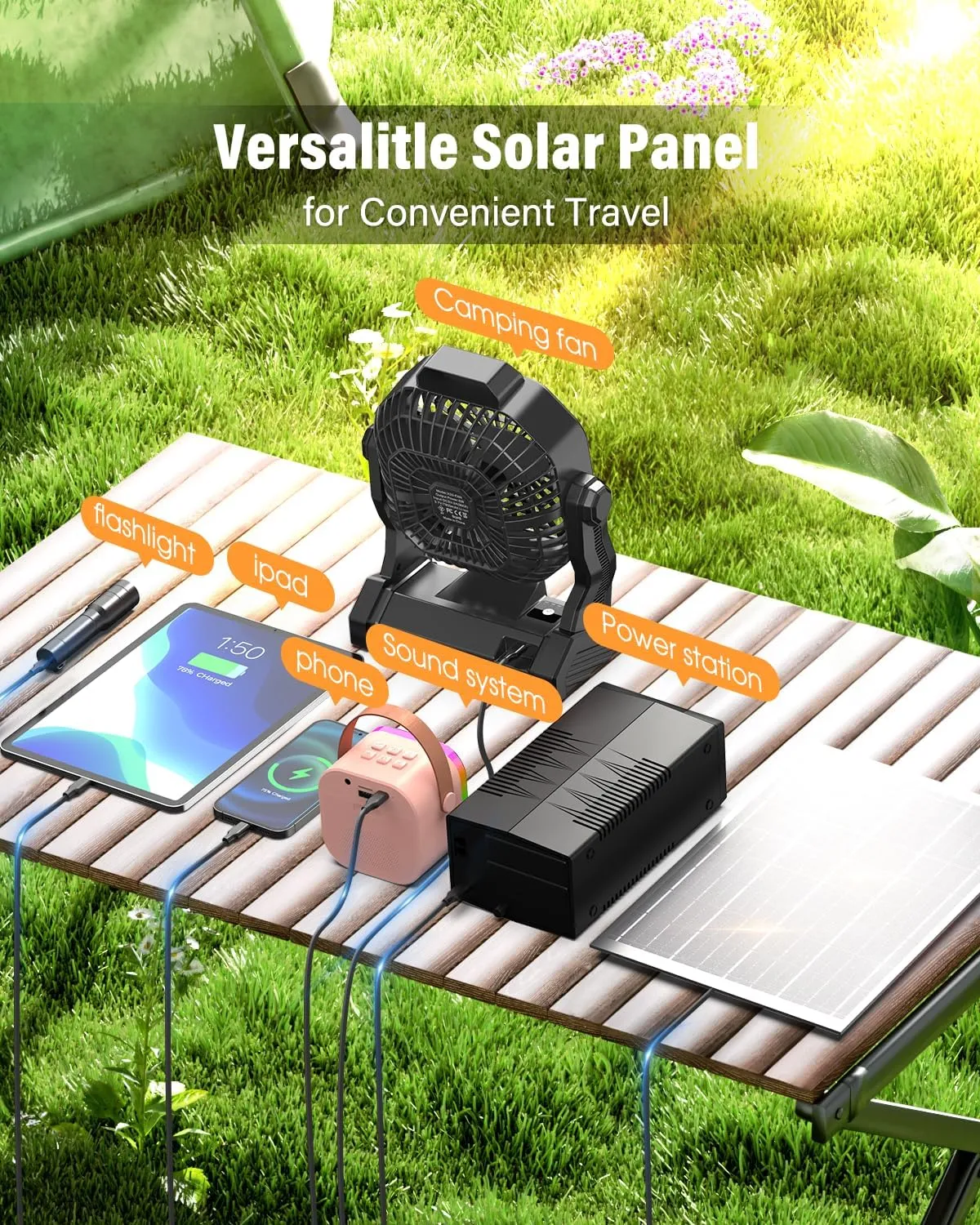 10400mAh Solar Fan, Camping Fan with Solar Panel, 7W 9-Inch Rechargeable Battery Operated Fans for Outside, LED Lantern, Stepless Speed and Quiet Battery Powered Solar Tent Fans for Outdoor, Barbecue