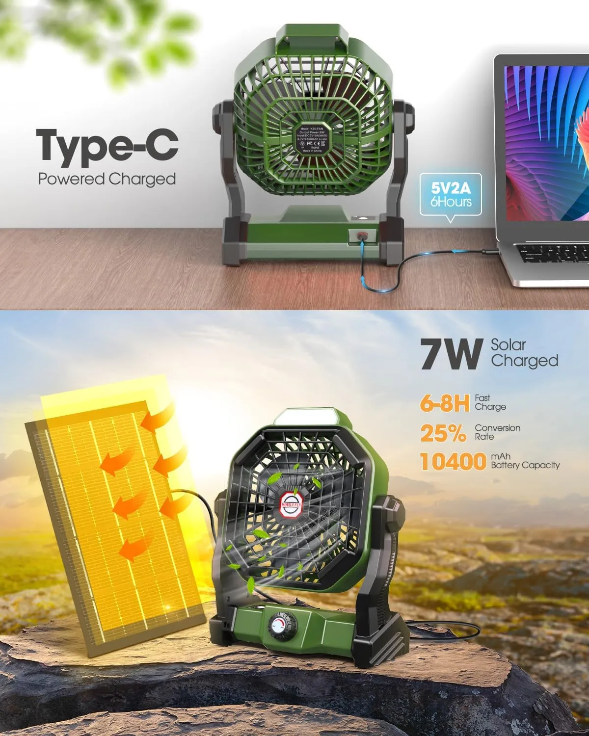 10400mAh Solar Fan, Camping Fan with Solar Panel, 7W 9-Inch Rechargeable Battery Operated Fans for Outside, LED Lantern, Stepless Speed and Quiet Battery Powered Solar Tent Fans for Outdoor, Barbecue