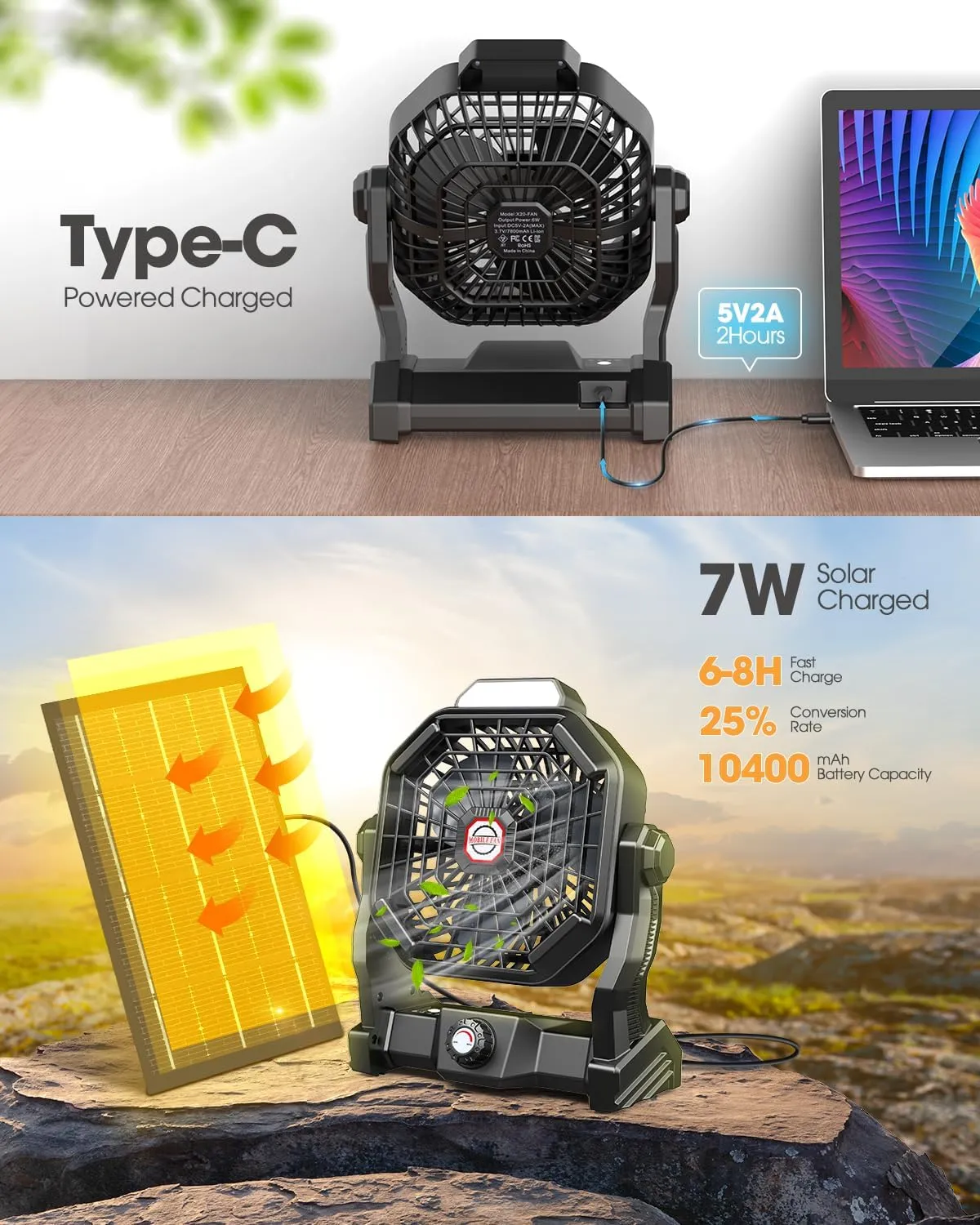 10400mAh Solar Fan, Camping Fan with Solar Panel, 7W 9-Inch Rechargeable Battery Operated Fans for Outside, LED Lantern, Stepless Speed and Quiet Battery Powered Solar Tent Fans for Outdoor, Barbecue