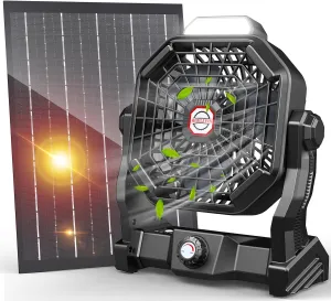 10400mAh Solar Fan, Camping Fan with Solar Panel, 7W 9-Inch Rechargeable Battery Operated Fans for Outside, LED Lantern, Stepless Speed and Quiet Battery Powered Solar Tent Fans for Outdoor, Barbecue