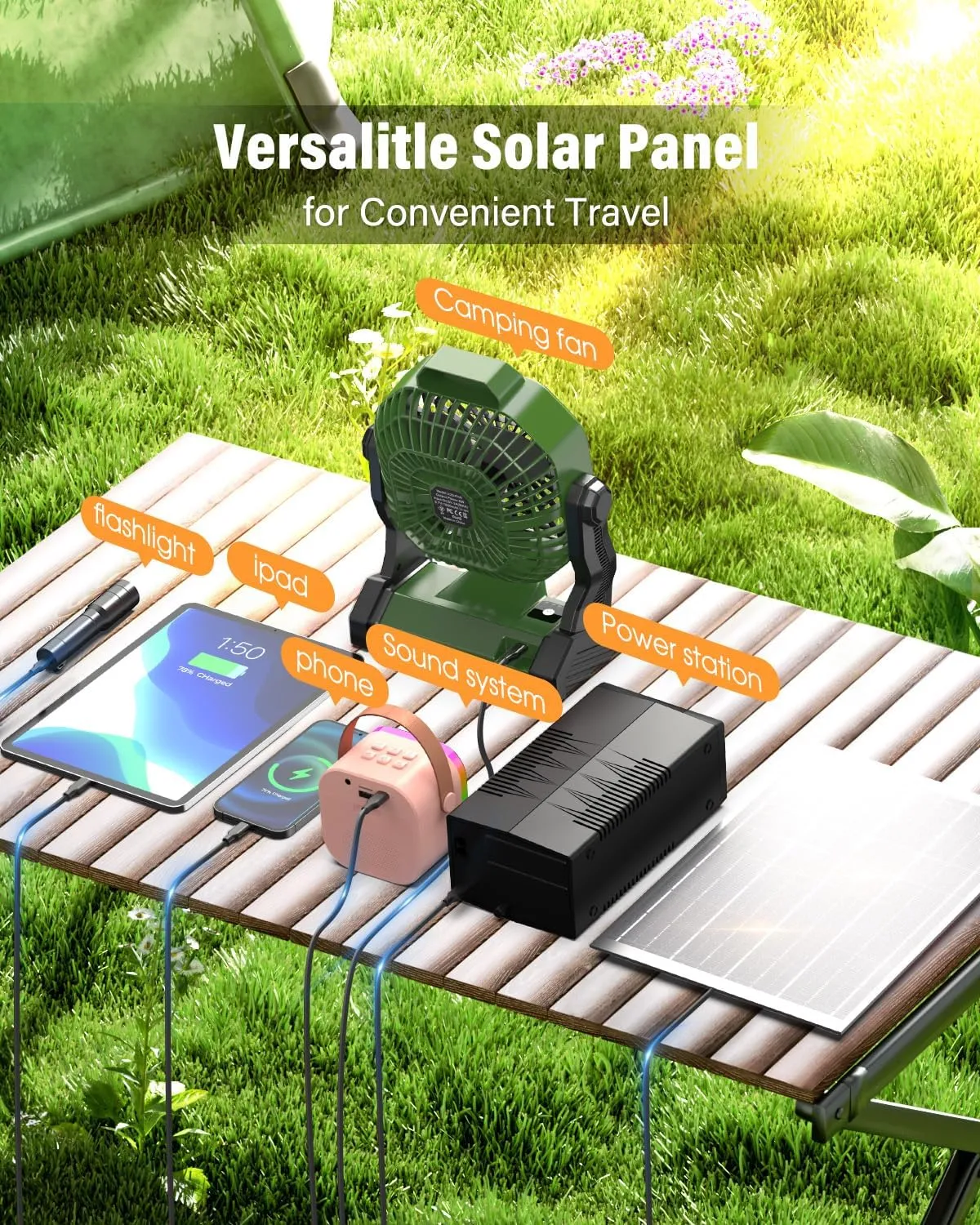 10400mAh Solar Fan, Camping Fan with Solar Panel, 7W 9-Inch Rechargeable Battery Operated Fans for Outside, LED Lantern, Stepless Speed and Quiet Battery Powered Solar Tent Fans for Outdoor, Barbecue