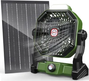 10400mAh Solar Fan, Camping Fan with Solar Panel, 7W 9-Inch Rechargeable Battery Operated Fans for Outside, LED Lantern, Stepless Speed and Quiet Battery Powered Solar Tent Fans for Outdoor, Barbecue