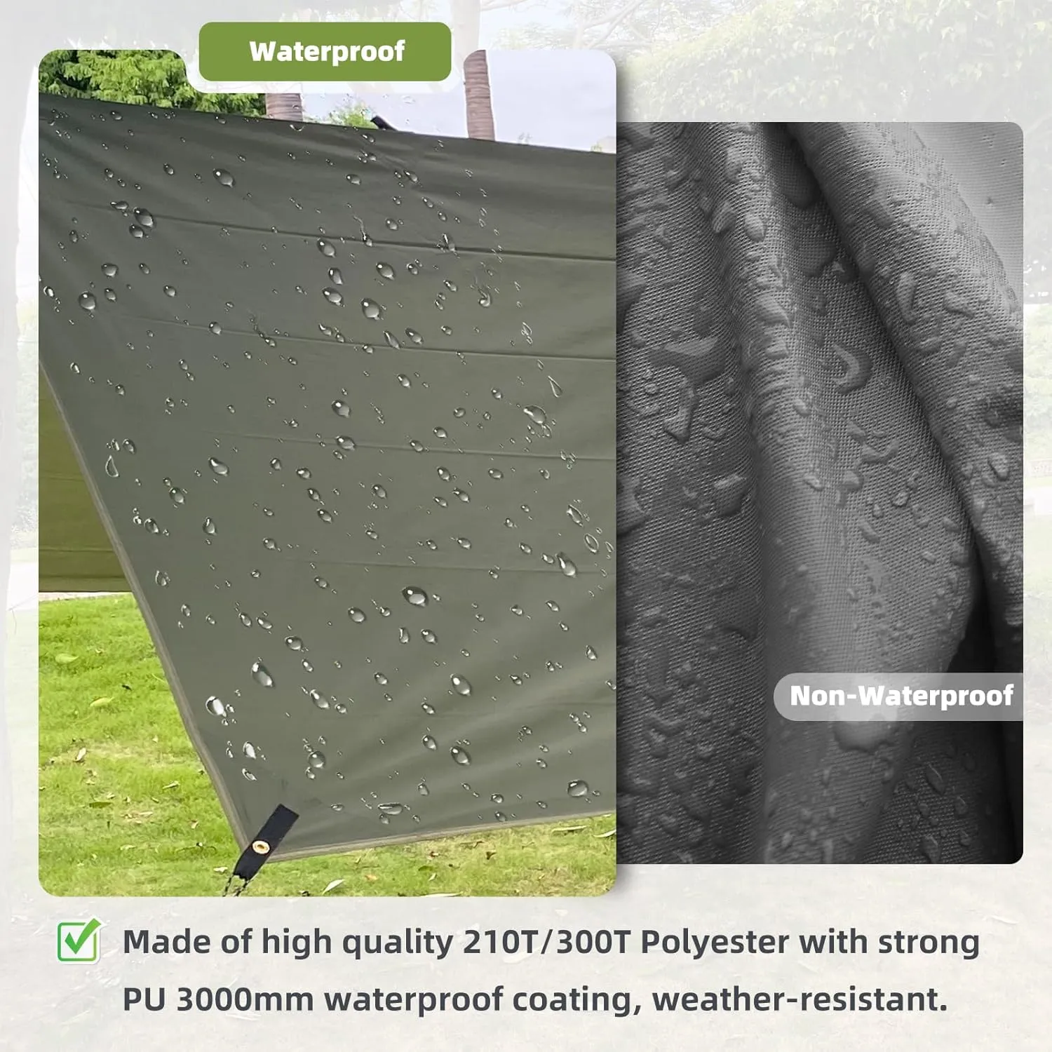 10ft x 10ft Waterproof Hammock Rain Fly,Portable Large Camping Tarp,Premium Lightweight Ripstop Nylon Cover with UV Protection Layer for Camping Hiking Outdoor (300D Od Green, 10ft x 10ft)