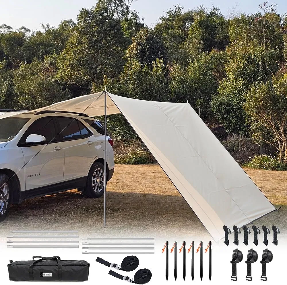 10x16 ft Car Side Awning with Pole Outdoor Camping Tent Tarp Waterproof Car Tent Canopy Shade Sun Shelter (Khaki)