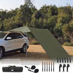 10x16 ft Car Side Awning with Pole Outdoor Camping Tent Tarp Waterproof Car Tent Canopy Shade Sun Shelter (Olive Green)