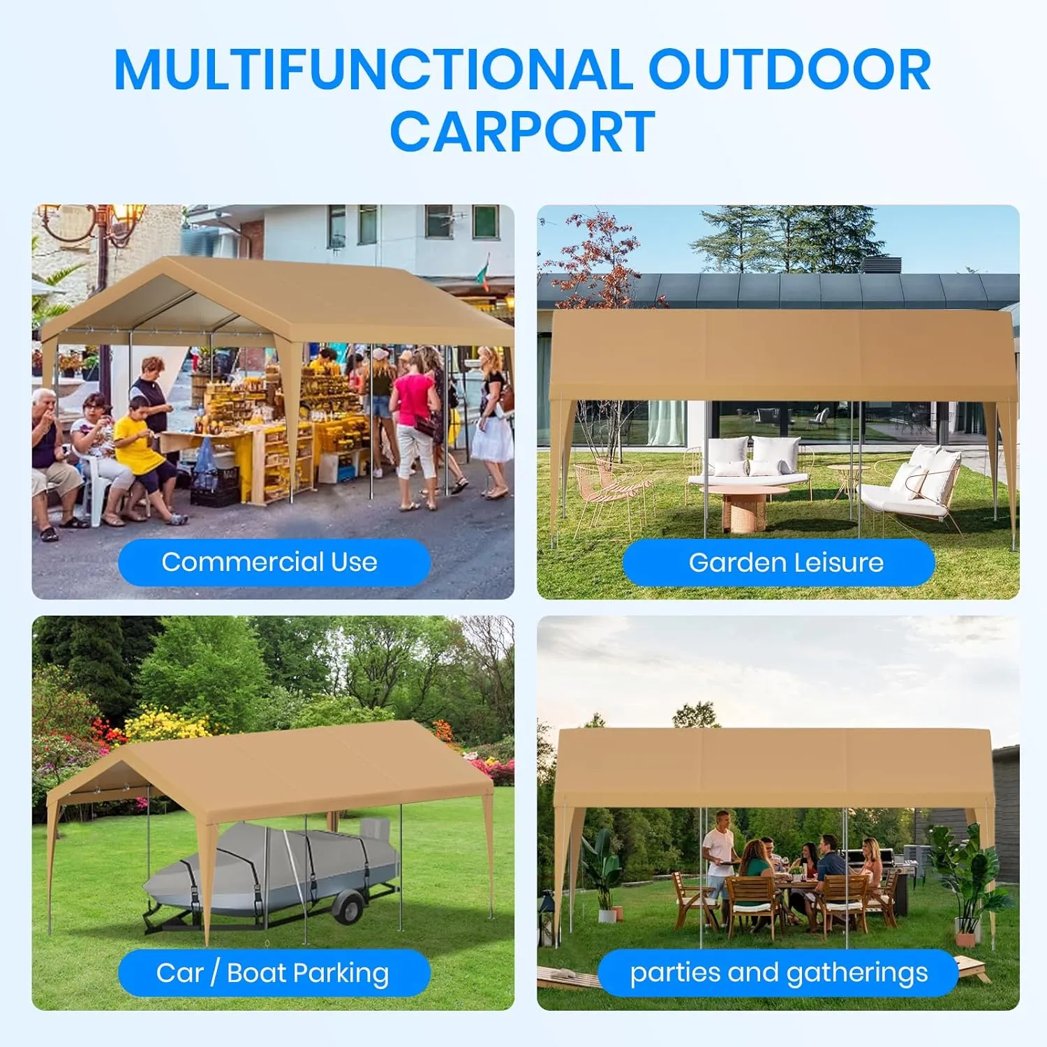 10x20 FT Heavy Duty Carport, Outdoor Portable Car Canopy Garage, Galvanized Steel Frame, UV-Resistant Waterproof PE Tarp Shelter for Vehicles, Boats, RVs, Driveway Carport, Yellow
