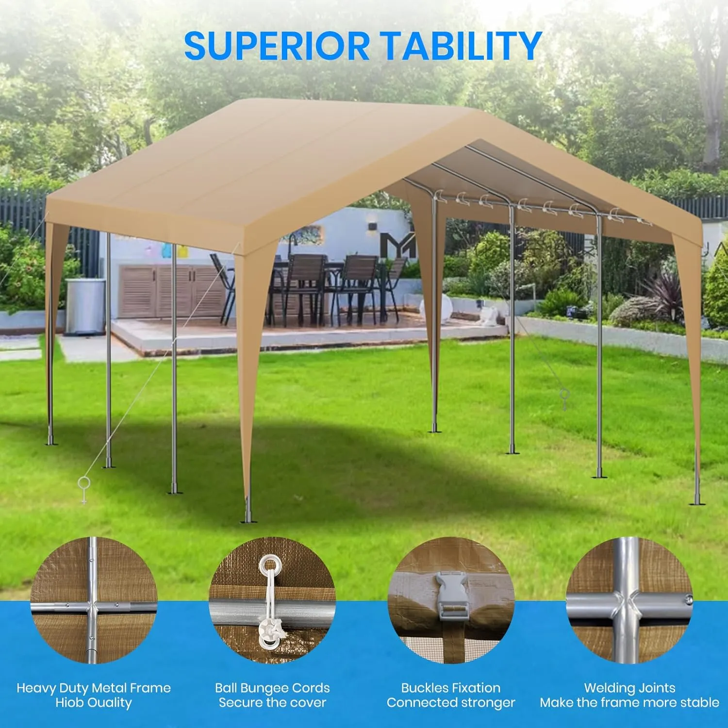 10x20 FT Heavy Duty Carport, Outdoor Portable Car Canopy Garage, Galvanized Steel Frame, UV-Resistant Waterproof PE Tarp Shelter for Vehicles, Boats, RVs, Driveway Carport, Yellow