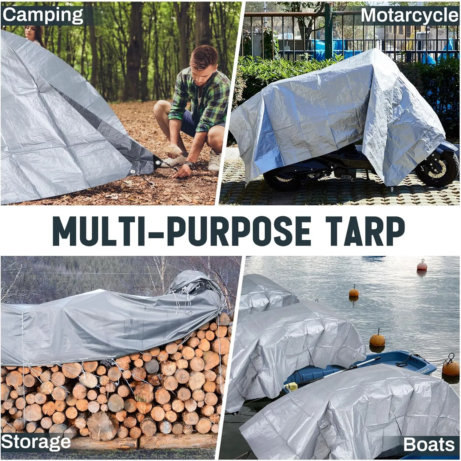 12 Pack 6 x 8 ft 5.5 Mil Large Tarps Heavy Duty Waterproof Tarp Multi Purpose Tent Cover for Home Boats Cars Camping Patio Furniture Roof Emergency Rain Protective Cover, Silver