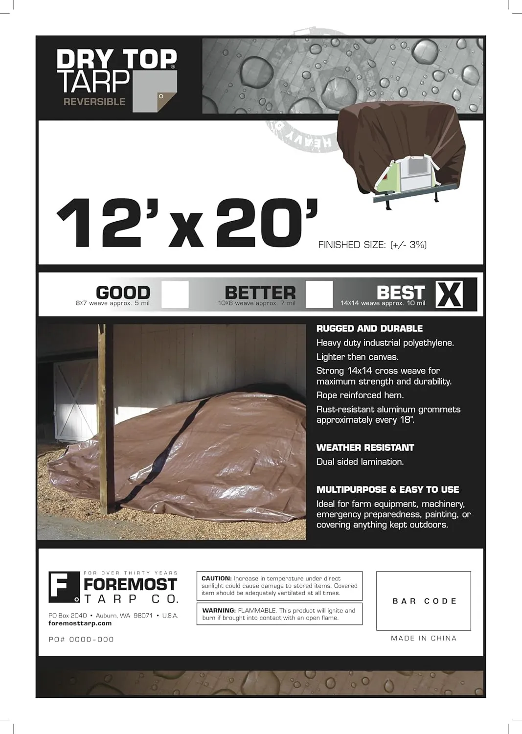 12' x 20' Foremost Tarp 21220 Silver/Brown Dry Top Silver Brown 10-Mil Heavy Duty Reversible Tarp