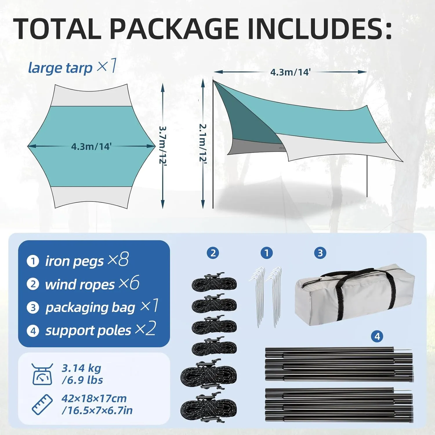 12X14FT Camping Tarp with 2 Poles, UV UPF50  Lightweight Car Awning Sun Shelter, PU3000 Waterproof Tarp for Camping, Hiking and Backpacking Trips