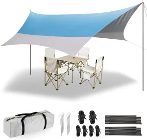 12X14FT Camping Tarp with 2 Poles, UV UPF50  Lightweight Car Awning Sun Shelter, PU3000 Waterproof Tarp for Camping, Hiking and Backpacking Trips