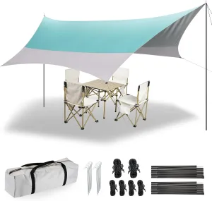 12X14FT Camping Tarp with 2 Poles, UV UPF50  Lightweight Car Awning Sun Shelter, PU3000 Waterproof Tarp for Camping, Hiking and Backpacking Trips