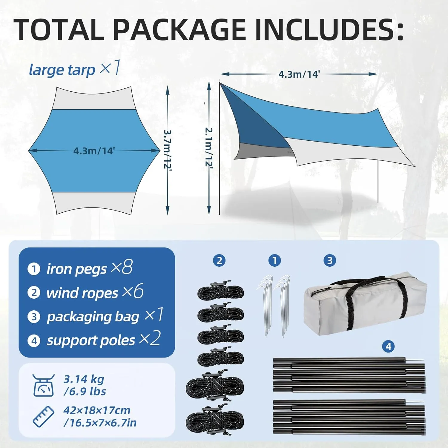12X14FT Camping Tarp with 2 Poles, UV UPF50  Lightweight Car Awning Sun Shelter, PU3000 Waterproof Tarp for Camping, Hiking and Backpacking Trips