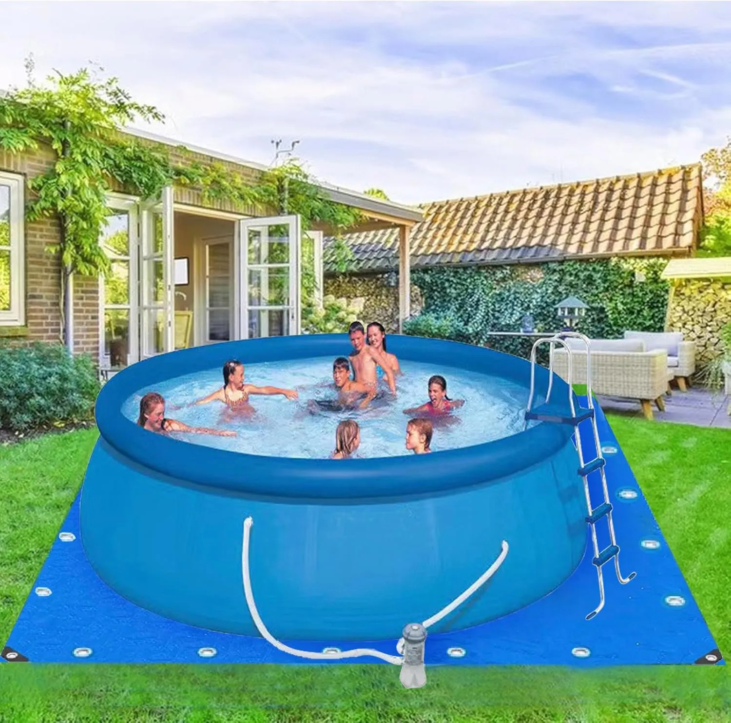 15.7 X 15.7 Ft Square Tarps Pad for Above Ground Pool 10-15 Ft, Thick Waterproof Anti-Puncture Swimming Pool Ground Cloth Liner Pad UV Resistant Under Floor Mat Pool Underlayment with Metal Grommets