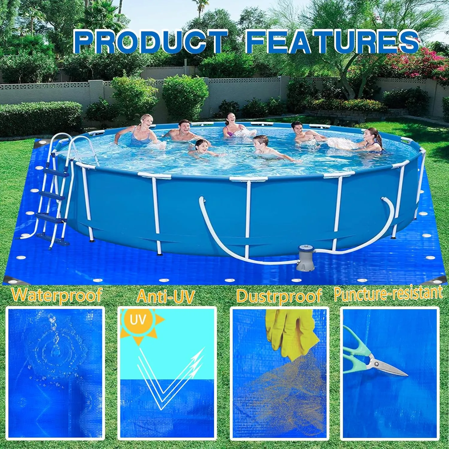 15.7 X 15.7 Ft Square Tarps Pad for Above Ground Pool 10-15 Ft, Thick Waterproof Anti-Puncture Swimming Pool Ground Cloth Liner Pad UV Resistant Under Floor Mat Pool Underlayment with Metal Grommets