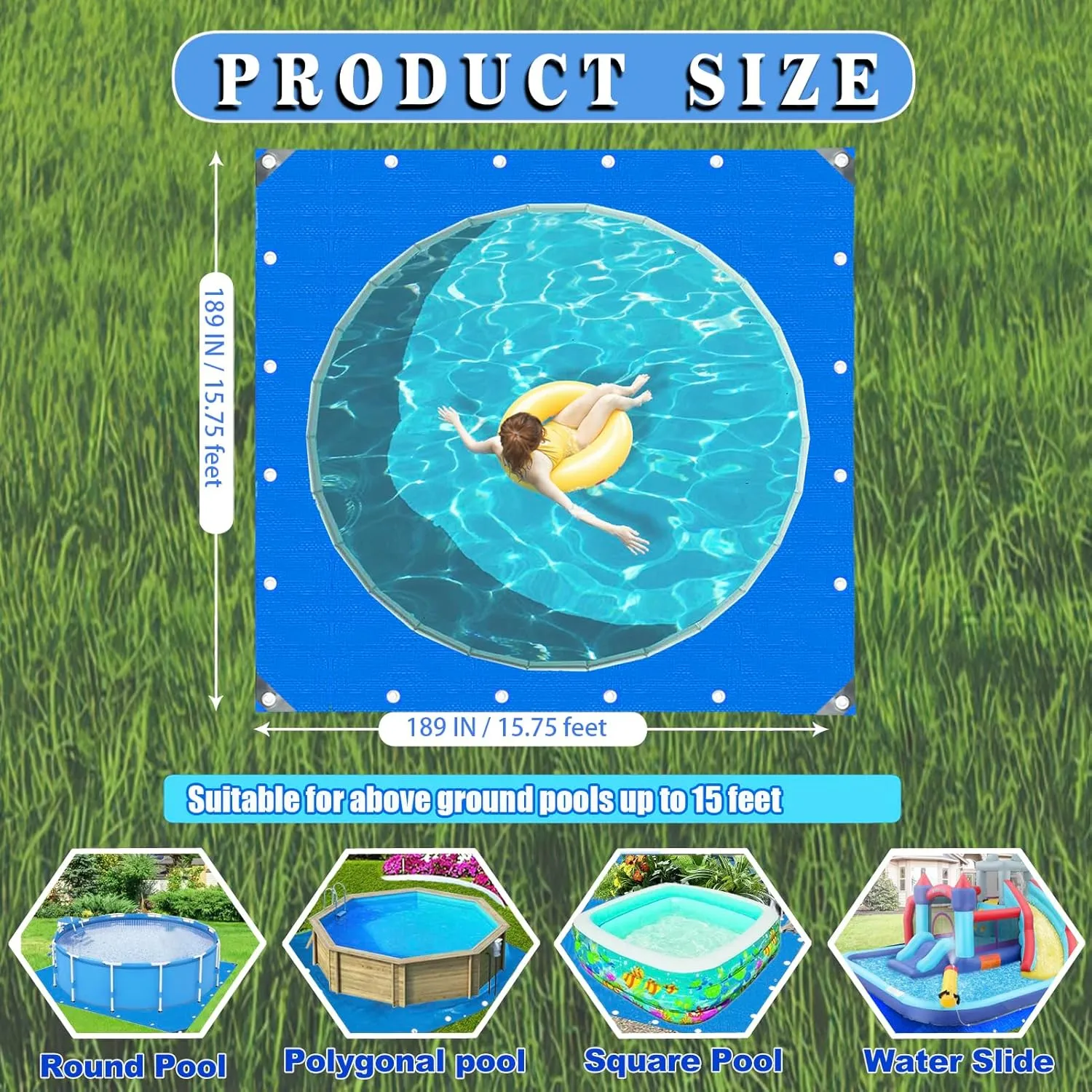 15.7 X 15.7 Ft Square Tarps Pad for Above Ground Pool 10-15 Ft, Thick Waterproof Anti-Puncture Swimming Pool Ground Cloth Liner Pad UV Resistant Under Floor Mat Pool Underlayment with Metal Grommets