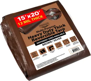 [15'X20'] RSW Heavy Duty Waterproof 12 Mil Safety Reversible Tarp Cover, UV Resistant, Rip and Tear Proof Tarpaulin with Reinforced Edges - for Roof, Camping, Patio, Pool Cover, Boat (Brown/Silver)