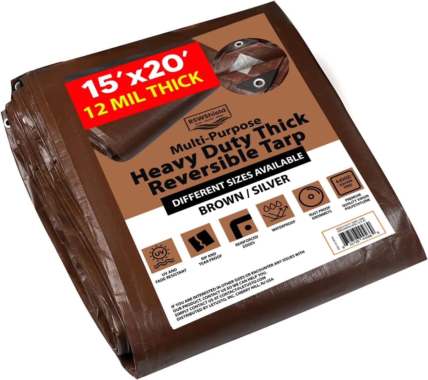 [15'X20'] RSW Heavy Duty Waterproof 12 Mil Safety Reversible Tarp Cover, UV Resistant, Rip and Tear Proof Tarpaulin with Reinforced Edges - for Roof, Camping, Patio, Pool Cover, Boat (Brown/Silver)