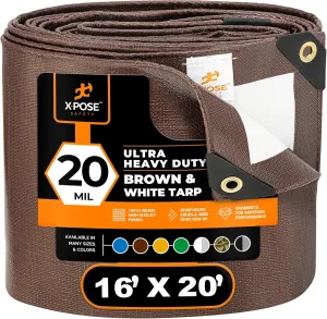16' x 20' Brown/White Ultra Heavy Duty Tarp - 20 Mil Tarps Heavy Duty Waterproof 16x20 - Extra Large Outdoor Tarp, Waterproof Tarp Cover for Rain Camping, Tent Tarp, UV Protection, Reinforced Corners