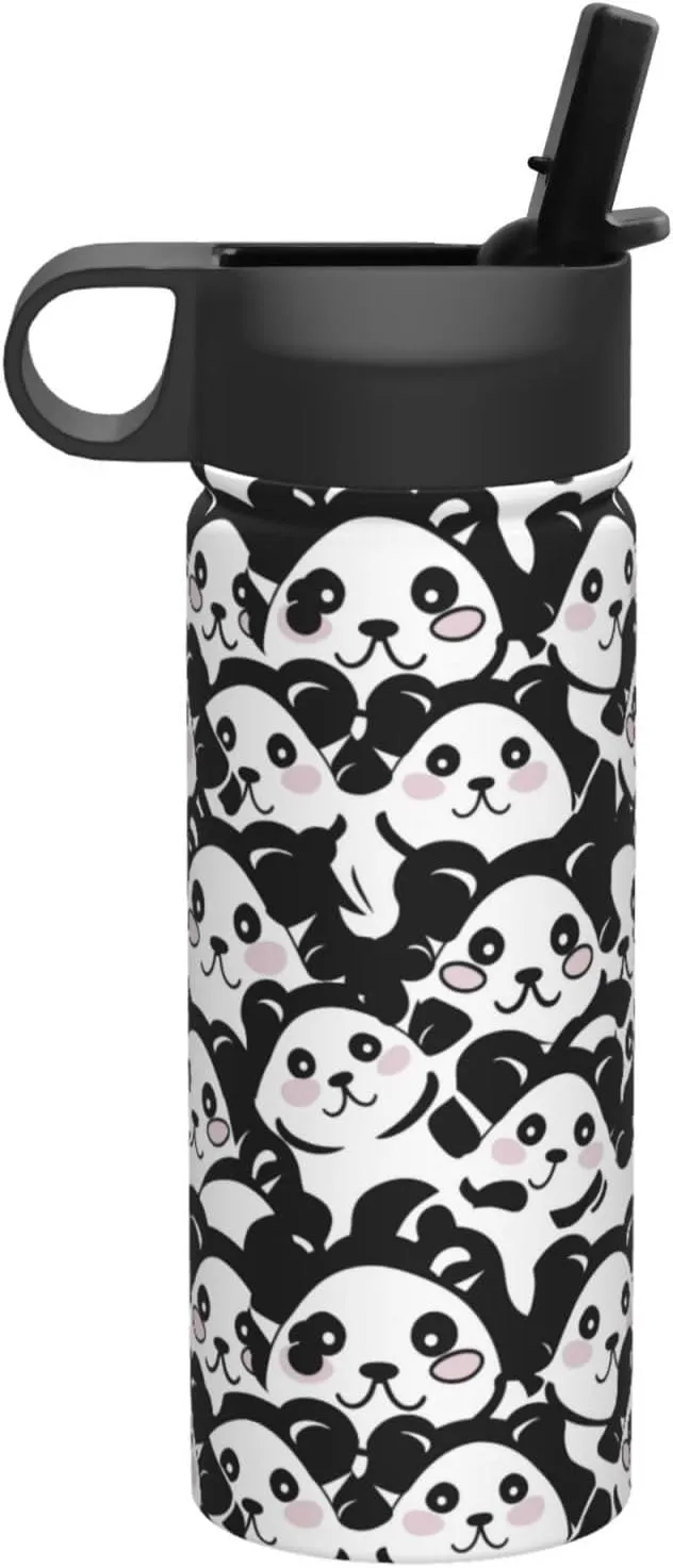 18 oz Black White Panda Double Wall Insulated Water Bottle with Straw and Lid, Stainless Steel Sports Bottles Cute Animals Travel Mug for Home Office