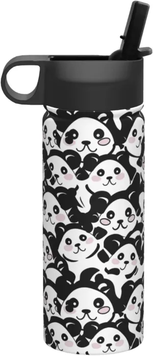 18 oz Black White Panda Double Wall Insulated Water Bottle with Straw and Lid, Stainless Steel Sports Bottles Cute Animals Travel Mug for Home Office