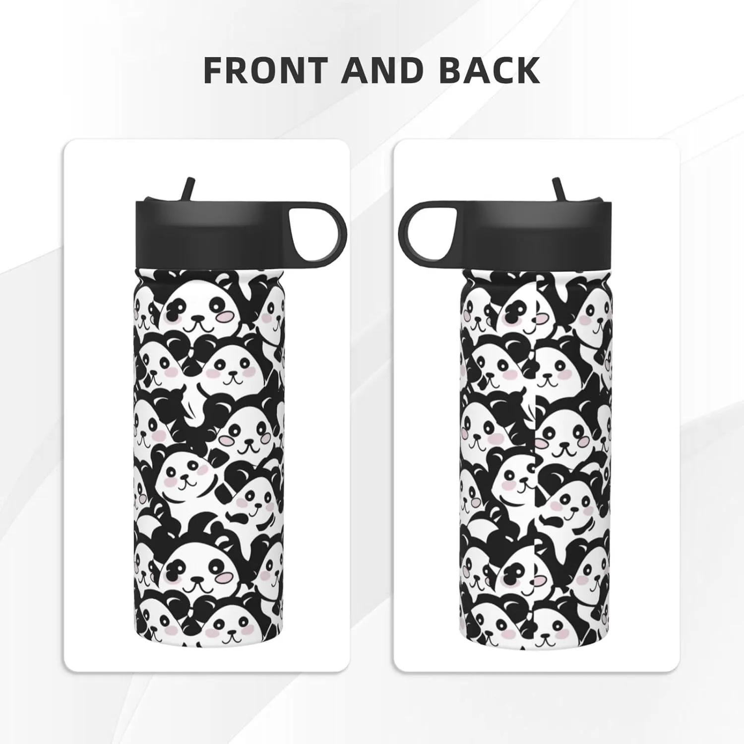 18 oz Black White Panda Double Wall Insulated Water Bottle with Straw and Lid, Stainless Steel Sports Bottles Cute Animals Travel Mug for Home Office