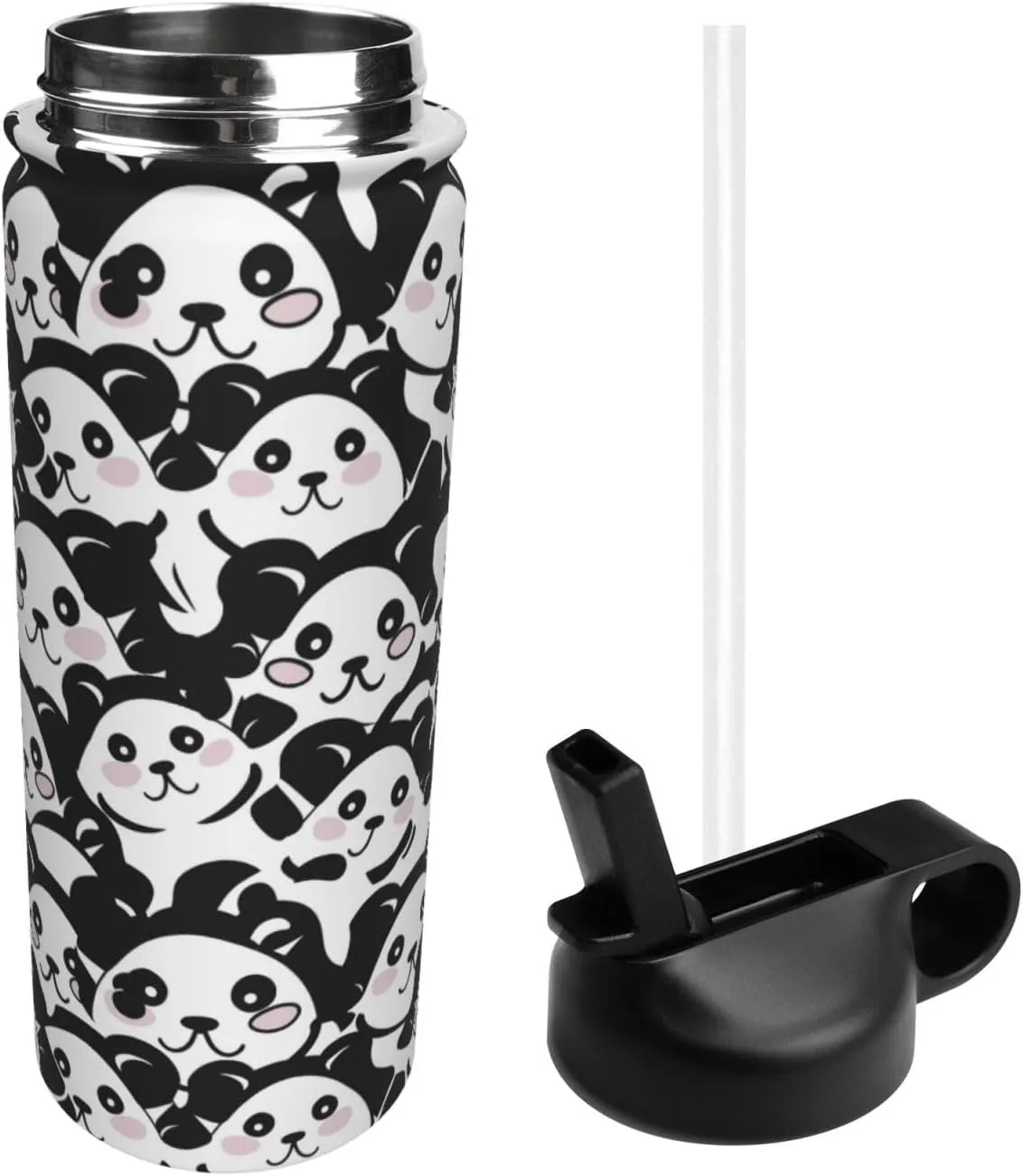 18 oz Black White Panda Double Wall Insulated Water Bottle with Straw and Lid, Stainless Steel Sports Bottles Cute Animals Travel Mug for Home Office