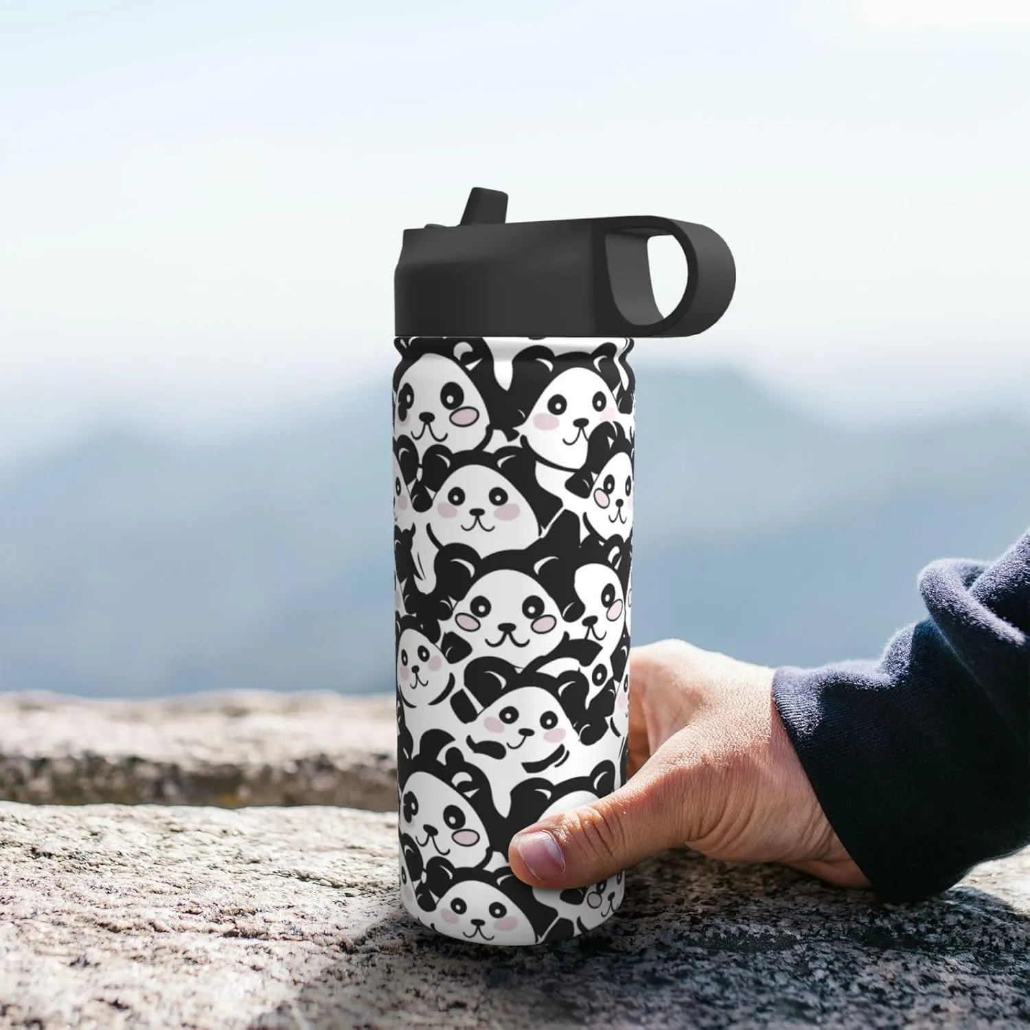 18 oz Black White Panda Double Wall Insulated Water Bottle with Straw and Lid, Stainless Steel Sports Bottles Cute Animals Travel Mug for Home Office