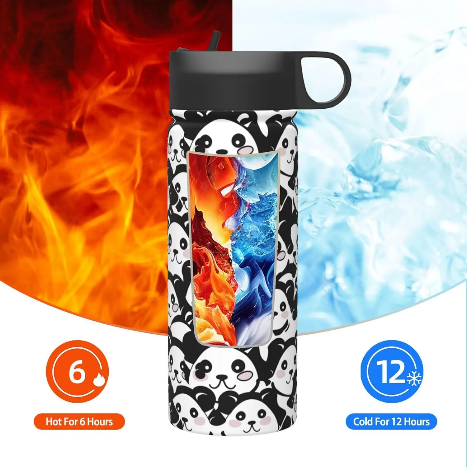 18 oz Black White Panda Double Wall Insulated Water Bottle with Straw and Lid, Stainless Steel Sports Bottles Cute Animals Travel Mug for Home Office