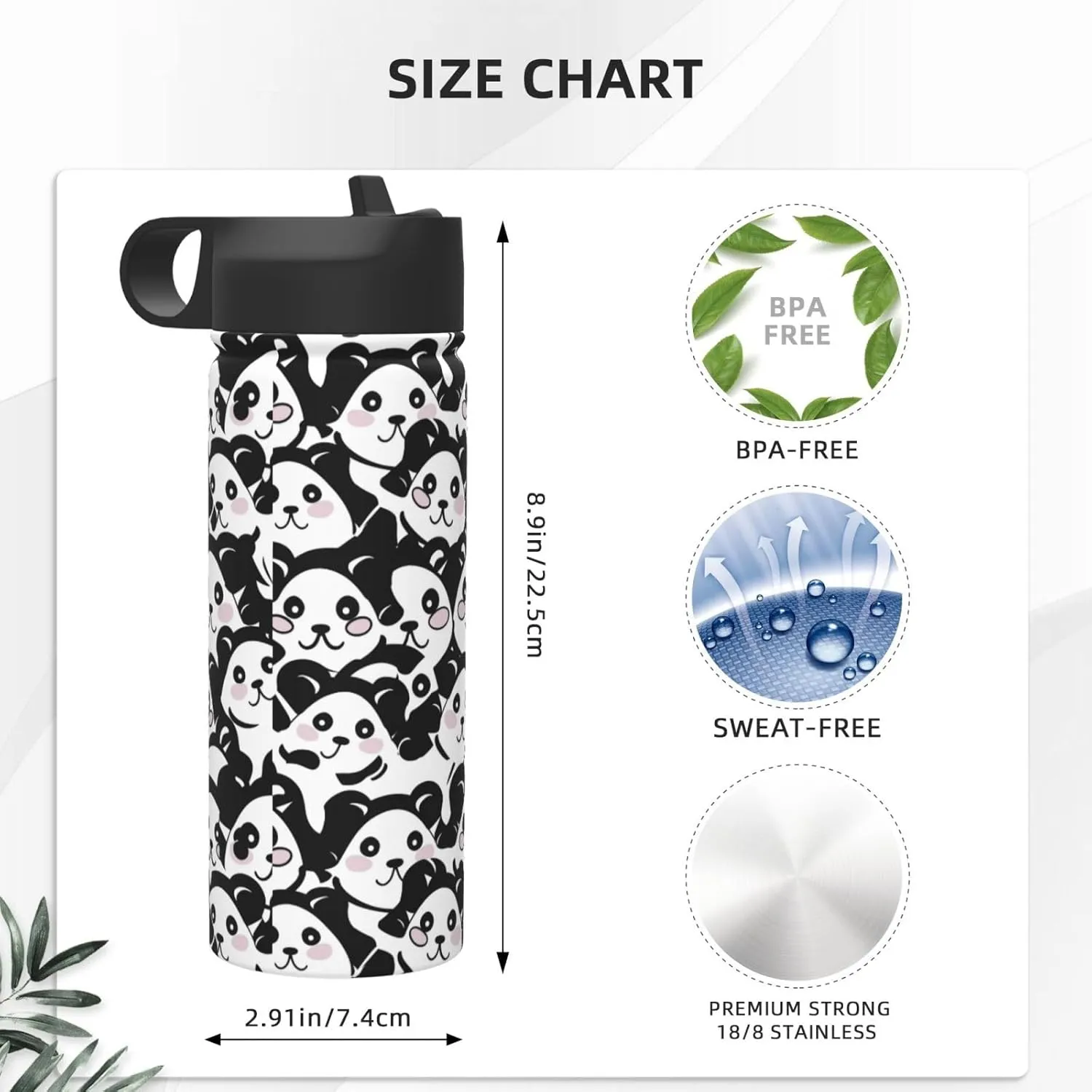 18 oz Black White Panda Double Wall Insulated Water Bottle with Straw and Lid, Stainless Steel Sports Bottles Cute Animals Travel Mug for Home Office