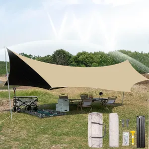 18×14ft Camping Tarp Rain Fly, Waterproof Camping Awning with 3 Poles UV Awning Canopy Ideal to Enjoy with Family and Friends for Hiking, Picnic and Outdoor Activities(Rice-White,220x173x102inch)