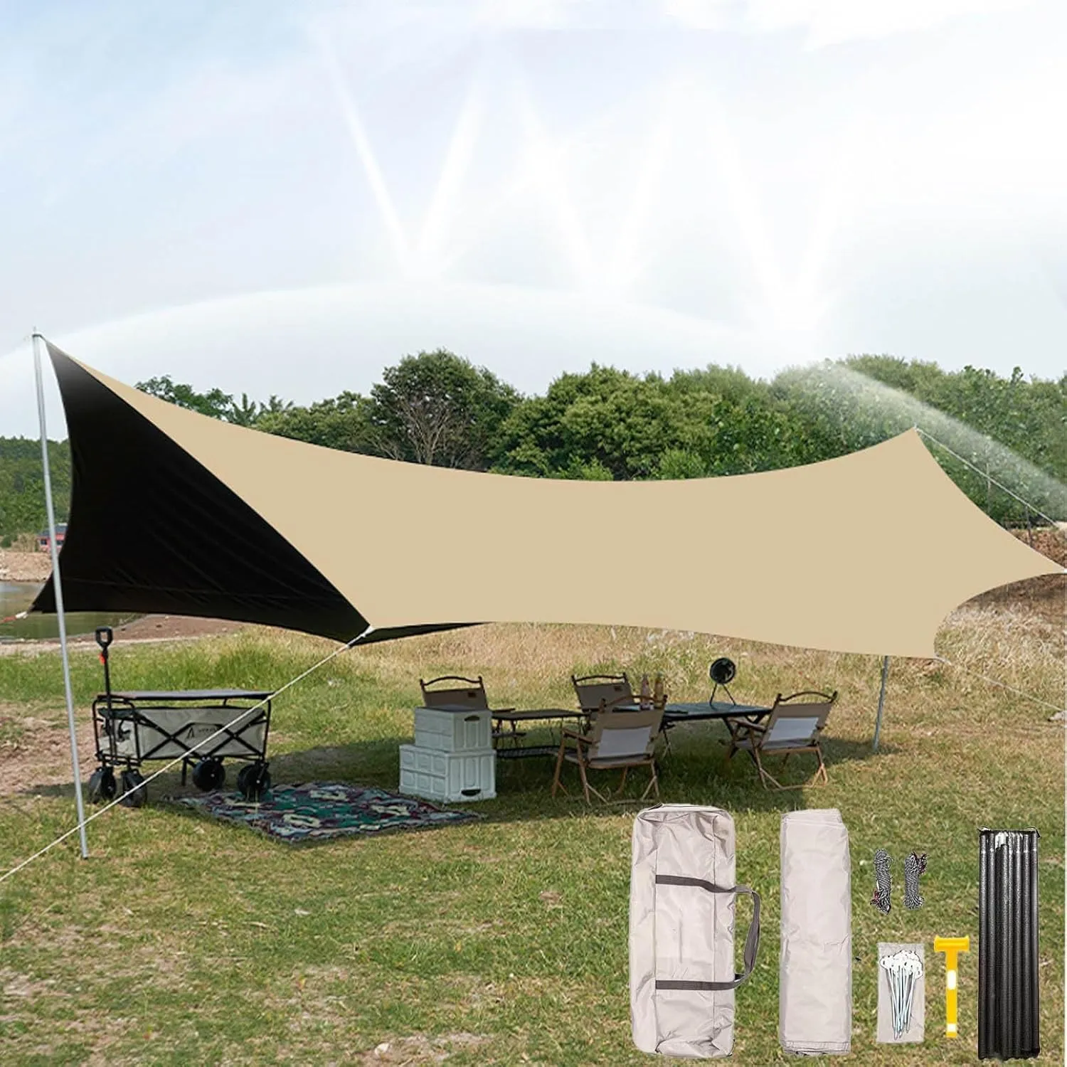 18×14ft Camping Tarp Rain Fly, Waterproof Camping Awning with 3 Poles UV Awning Canopy Ideal to Enjoy with Family and Friends for Hiking, Picnic and Outdoor Activities(Rice-White,220x173x102inch)