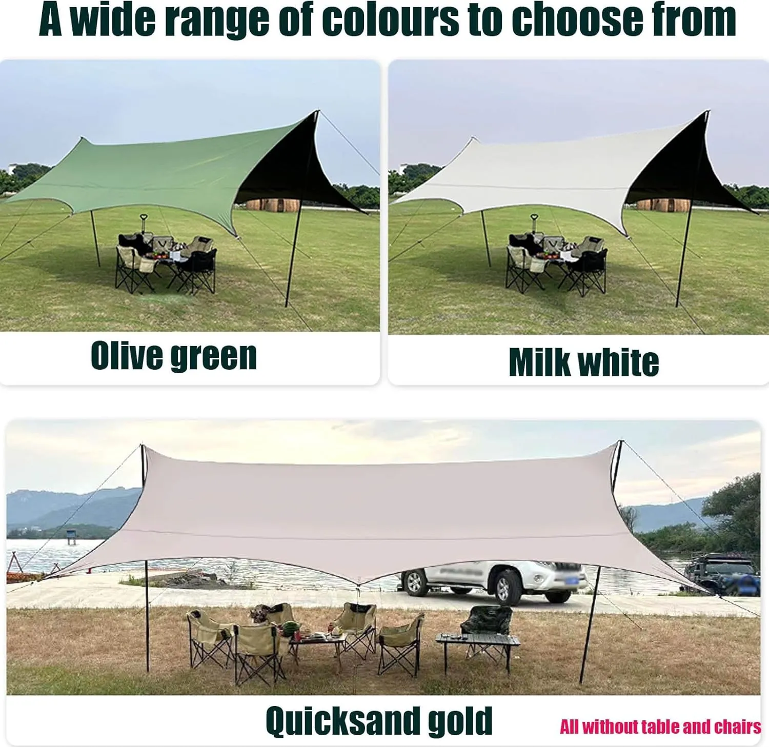 18×14ft Camping Tarp Rain Fly, Waterproof Camping Awning with 3 Poles UV Awning Canopy Ideal to Enjoy with Family and Friends for Hiking, Picnic and Outdoor Activities(Rice-White,220x173x102inch)