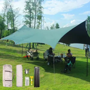 18x14ft Camping Tarp Rain Fly, Waterproof Camping Awning with Poles Rain Fly Sun Shelter for Picnic, Hiking, Backpacking(Rice-White,177x173x102inch)