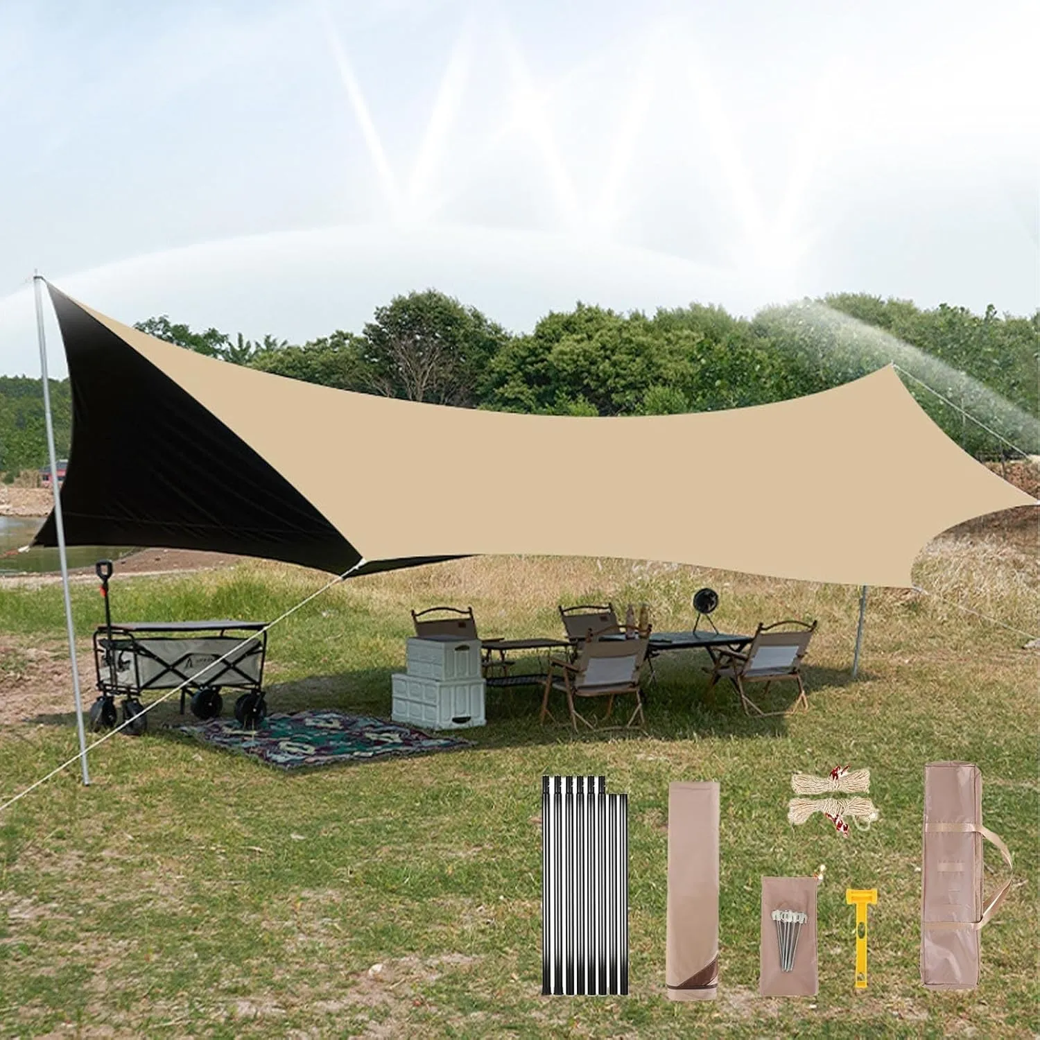 18x14ft Portable Multifunctional Outdoor Camping Traveling Awning Backpacking Tarp Sunshade Lightweight UV Protection with Poles(Milky White,177x173x102inch)