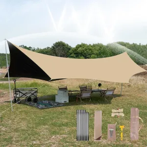 18x14ft Portable Multifunctional Outdoor Camping Traveling Awning Backpacking Tarp Sunshade Lightweight UV Protection with Poles(Milky White,177x173x102inch)