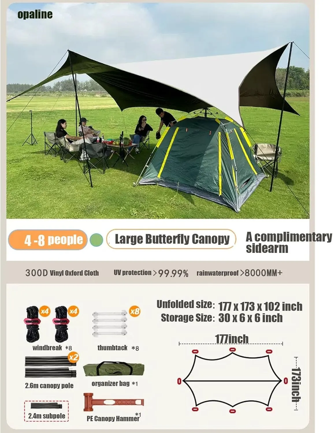 18x14ft Portable Multifunctional Outdoor Camping Traveling Awning Backpacking Tarp Sunshade Lightweight UV Protection with Poles(Milky White,177x173x102inch)