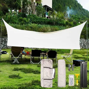 18X15FT Tarp with 2 Poles, Waterproof Camping Tarp Awning, Lightweight Camping Tarp Sun Shelter Tent Hiking, Backpacking, Garden and Traveling.(Rice-White,177x173x102inch)