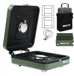 2 Burner Camping Stove with Carrying Bag, Foldable Propane Camp Stove with 17,200 BTU for Camping, Outdoor Cooking, Portable Gas Stove with Adjustable Burner for BBQ,Green with Windscreen