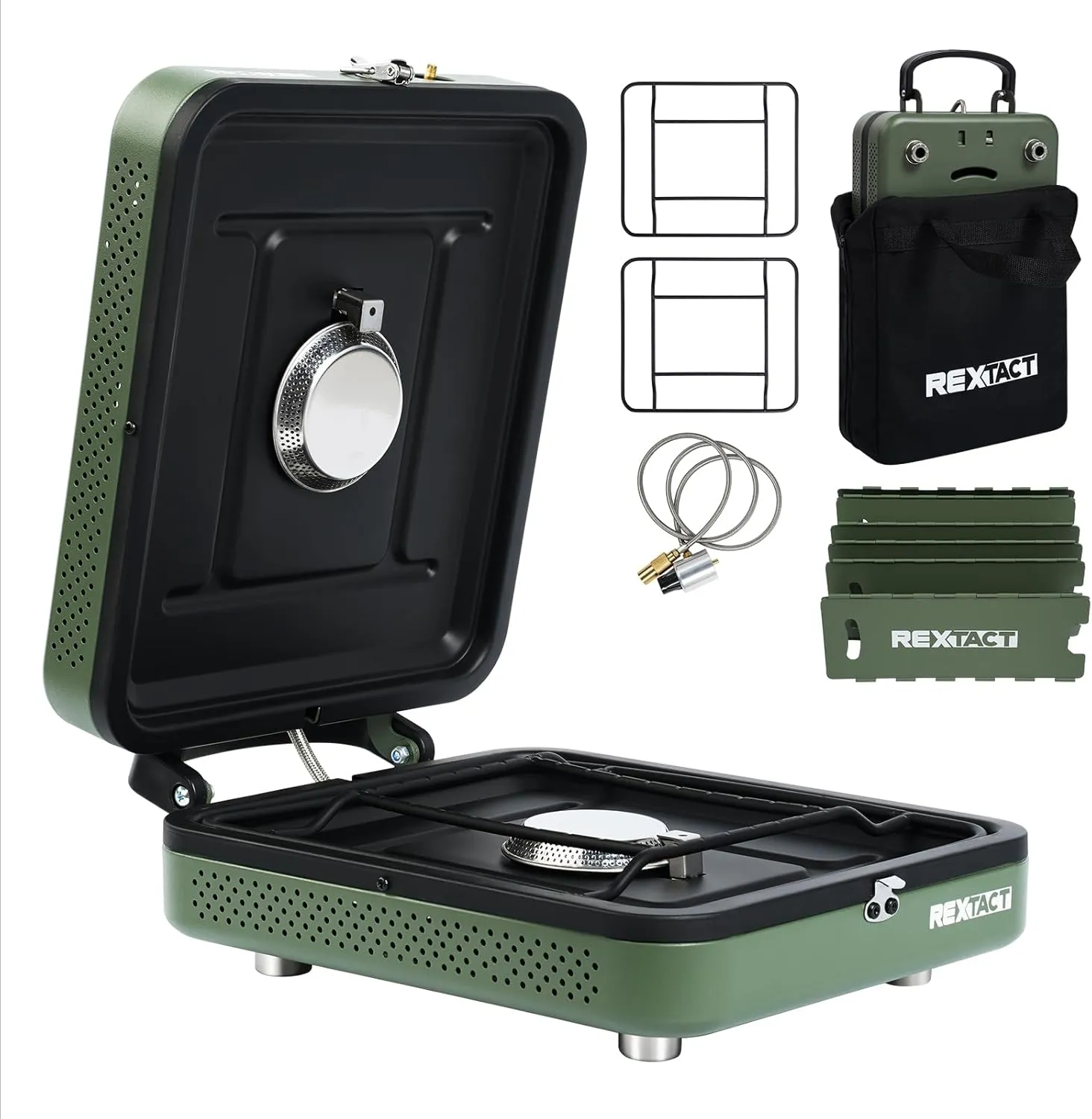 2 Burner Camping Stove with Carrying Bag, Foldable Propane Camp Stove with 17,200 BTU for Camping, Outdoor Cooking, Portable Gas Stove with Adjustable Burner for BBQ,Green with Windscreen