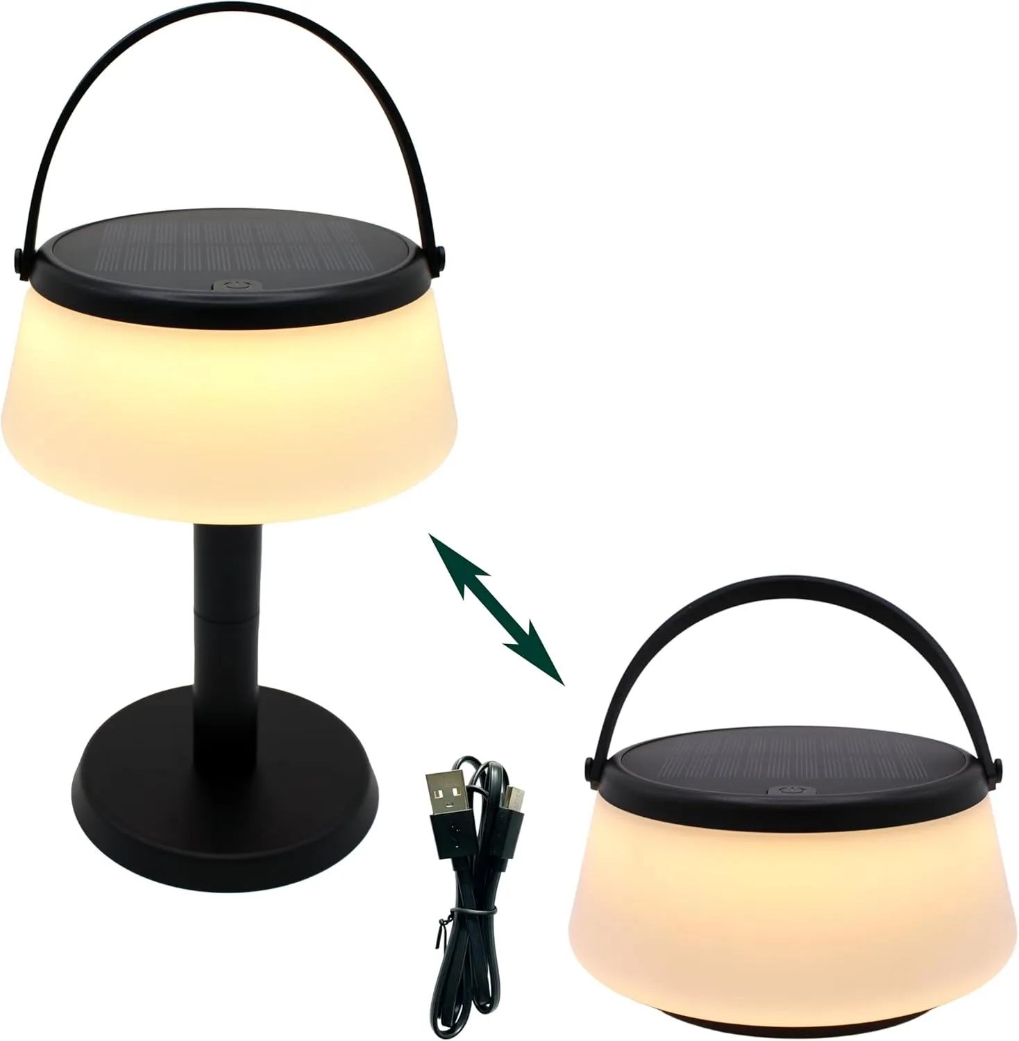 2-in-1 Portable Solar Power LED Table Lamp & Lantern - Indoor/Outdoor - Stepless Dimming - Rechargeable Battery - 330 lumens, 2700K - IP44 Weather Resistant - Black - 1 Pack