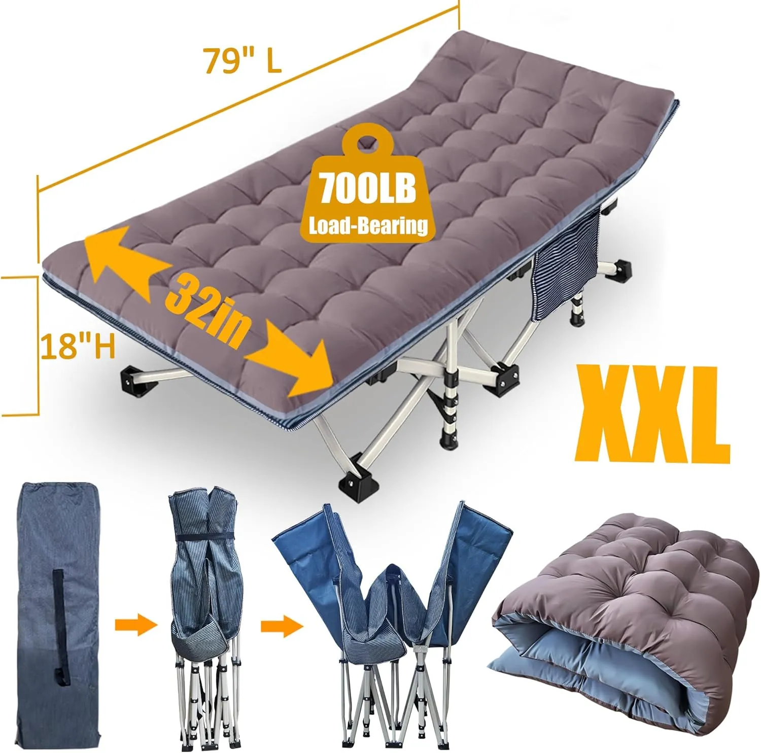 2 Pack 79" L x 32" W x 18" H Oversize XXL Camping Cot with Comfortable Mattress for Adults Extra Wide Cots for Sleeping with Carry Bag Folding Cot Heavy Duty Camping Bed for Home Office Outdoor