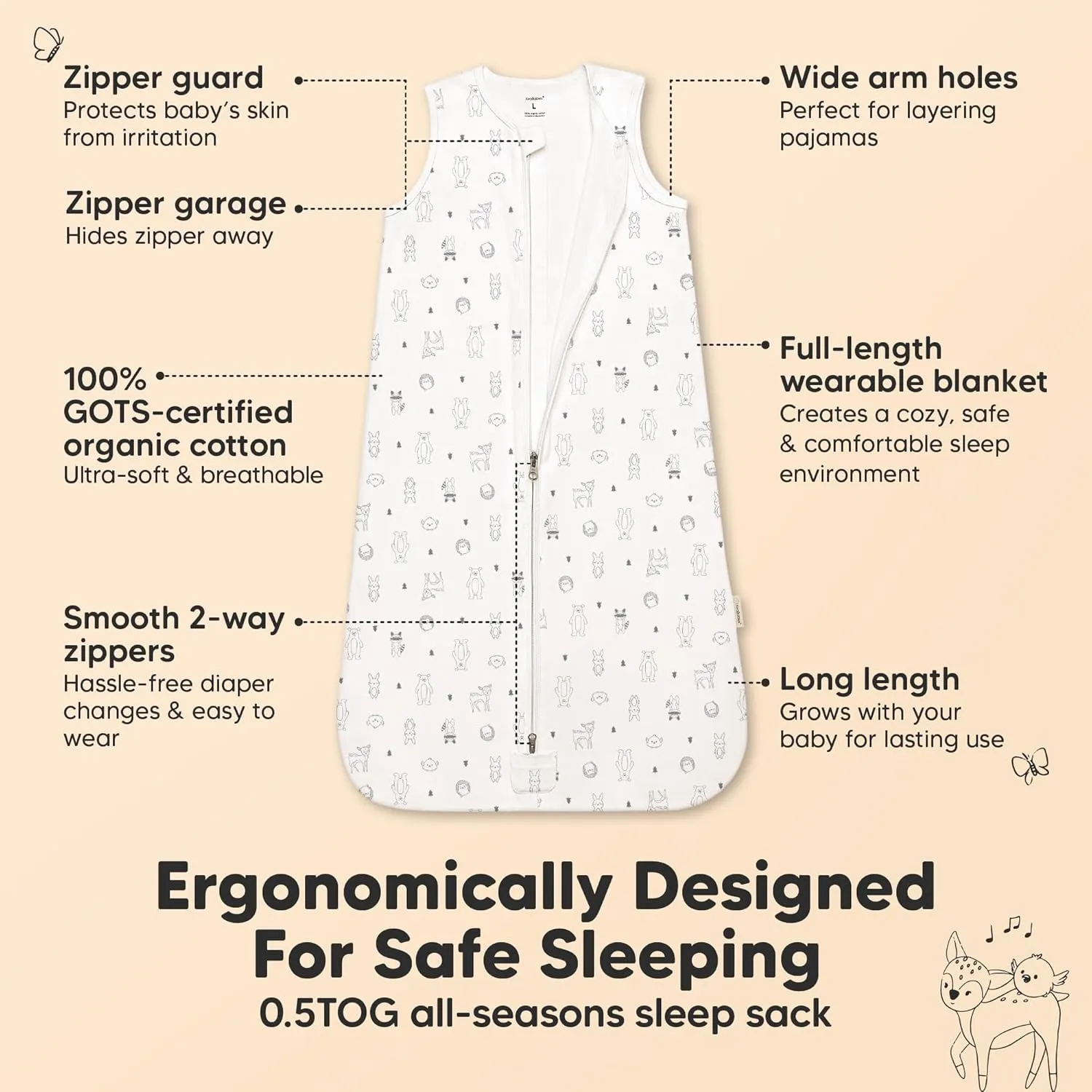 2-Pack Baby Sleep Sacks, Zipper Wearable Blanket - 0.5TOG Organic Cotton, Lightweight, Soft Cozy Infant Sleeping Sack 3-6 months, Easy to Wear Small Newborn Transition Swaddles Sleepsacks (Woodland)
