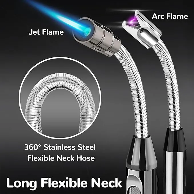 2 Pack Candle Lighter Electric Arc Long Lighter Flex Neck Utility Lighter Butane Torch Lighter Rechargeable USB Lighter Refillable Gas Jet Flame Windproof Lighter for Camping BBQ Grill Gas Stove